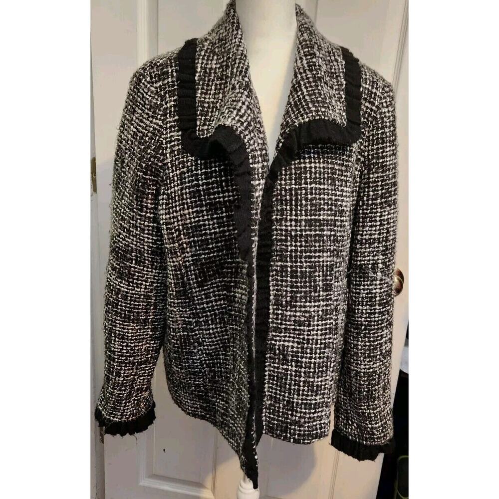Caroline Rose Black White‎ Tweed Ruffle Trim Women's Lined Jacket Sz L Blazer